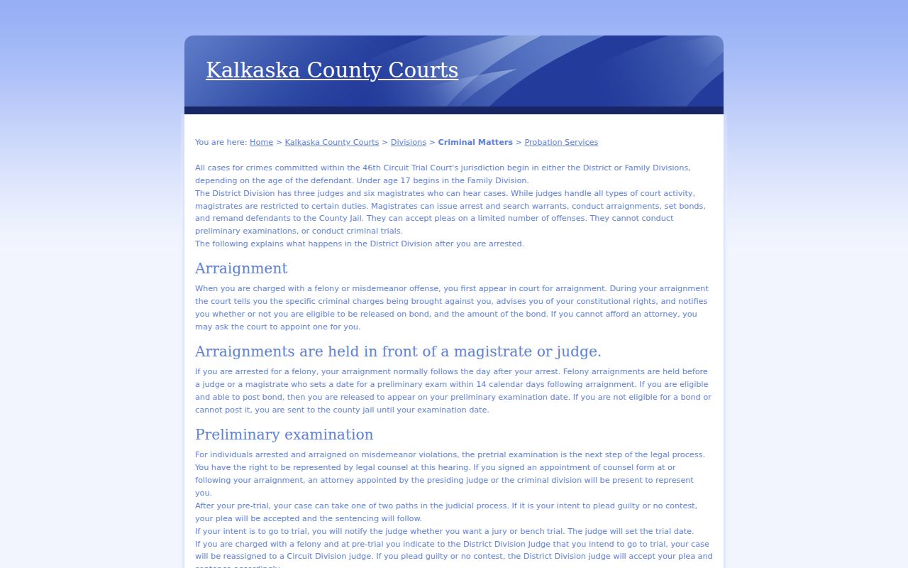 Kalkaska County felony to circuit court process for arrest warrant cases