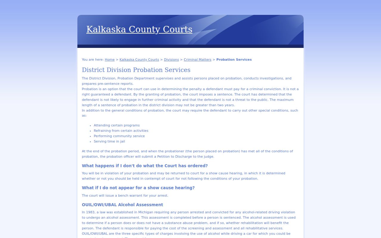 Kalkaska County bench warrant show-cause guidance from the probation page