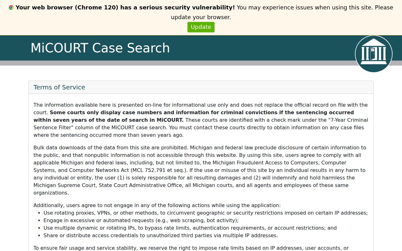 Kalkaska County warrant check using the Michigan public case search