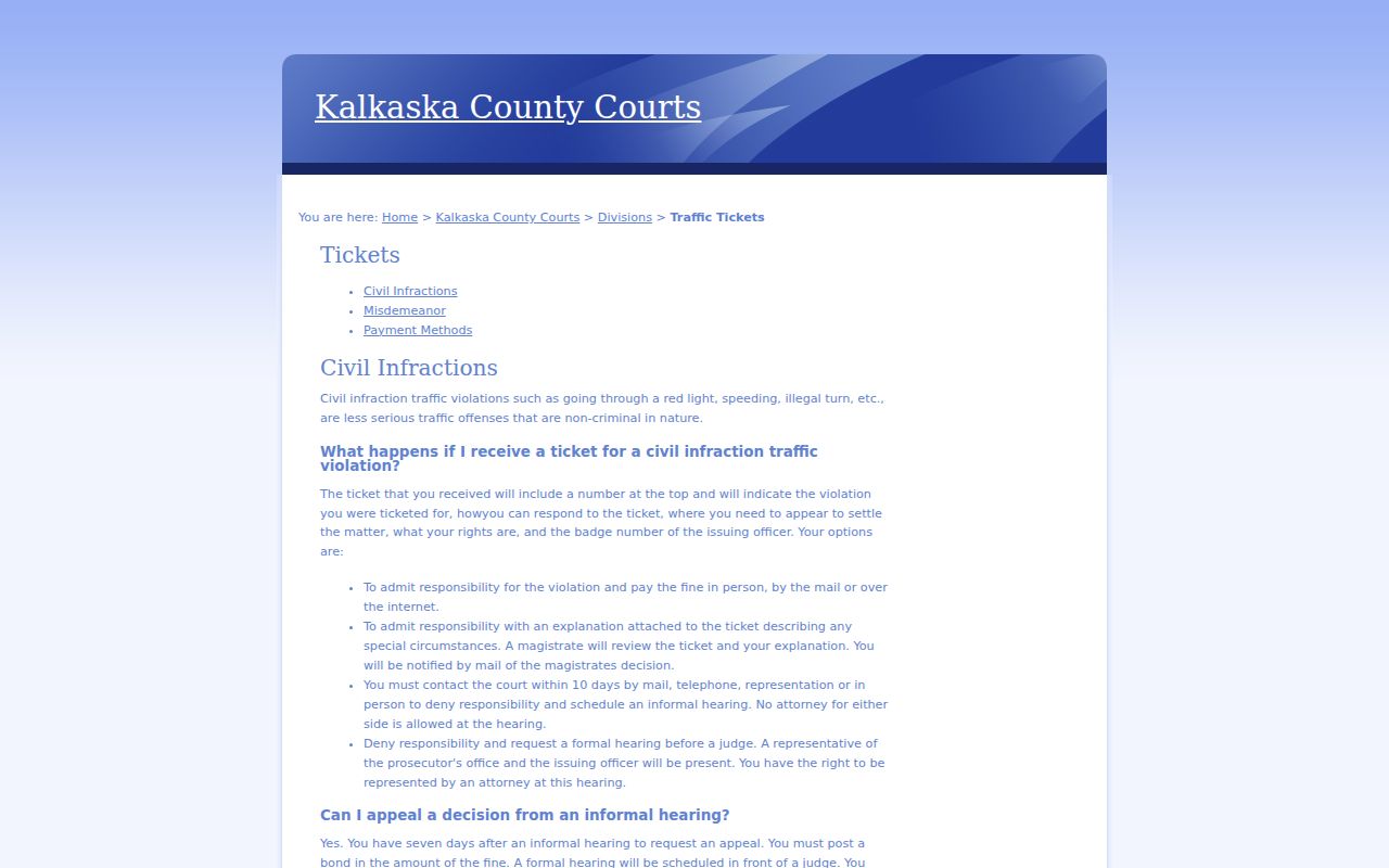 Kalkaska County traffic ticket response options and warrant guidance