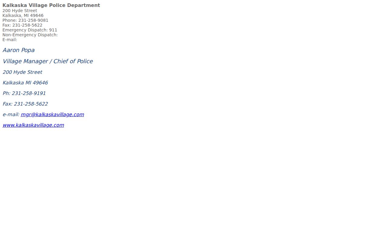 Kalkaska Village Police Department contact page with no public warrant lookup